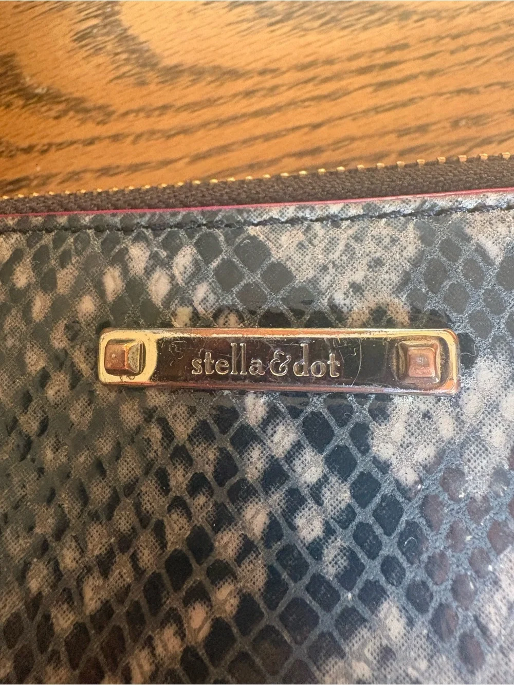Stella & Dot Snake-Print Zip Wallet - Black & Beige